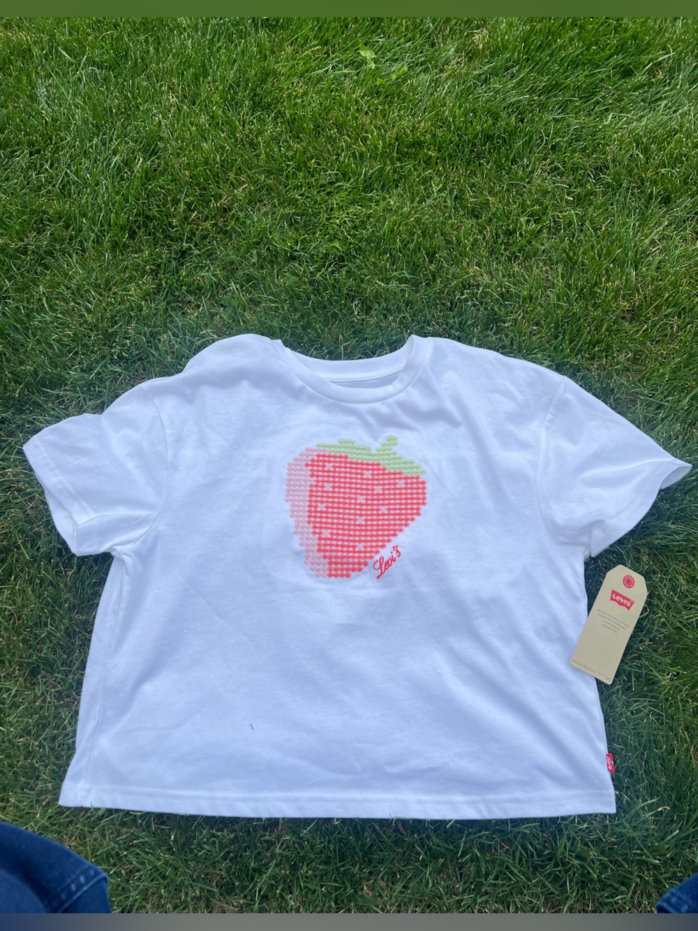 Levi's White Tee with Red and Light Green Strawberry Motif